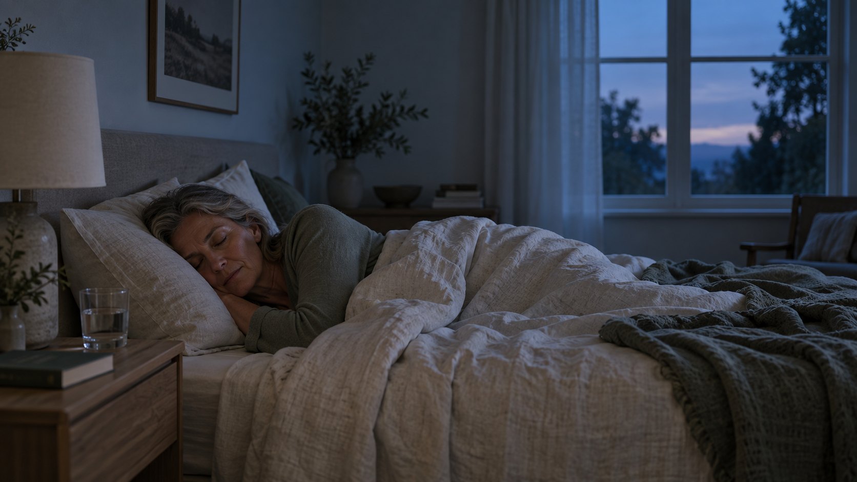 A woman sleeps in a calm, naturally lit bedroom.