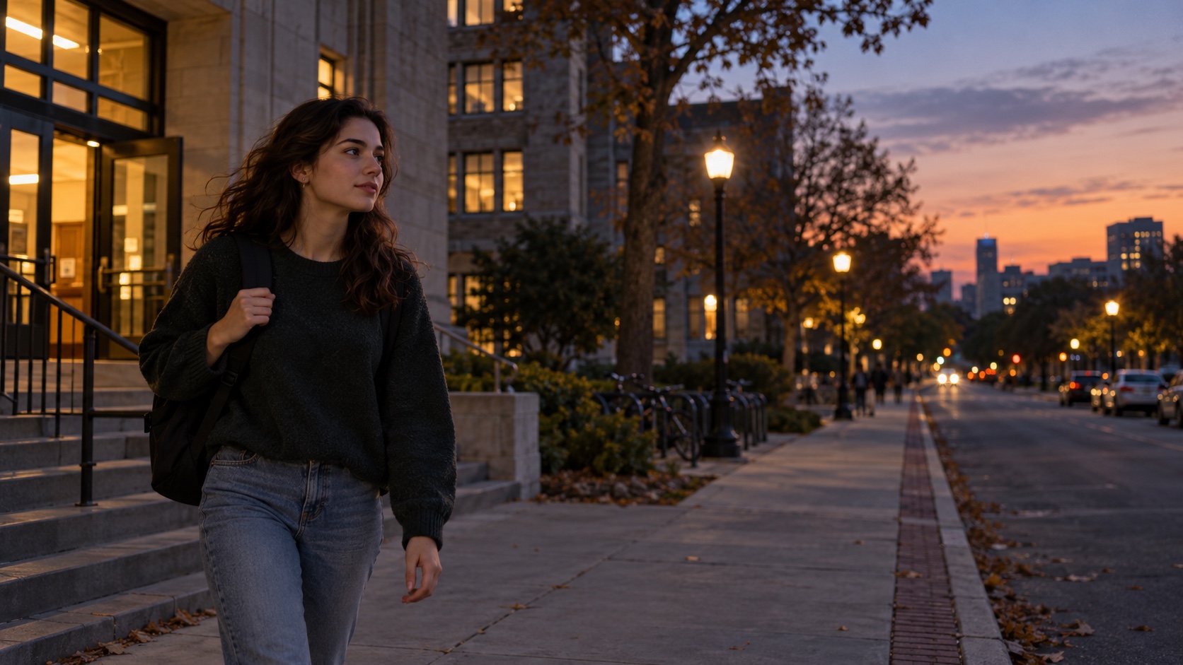 A young adult woman walks along a city street at dusk with a backpack.