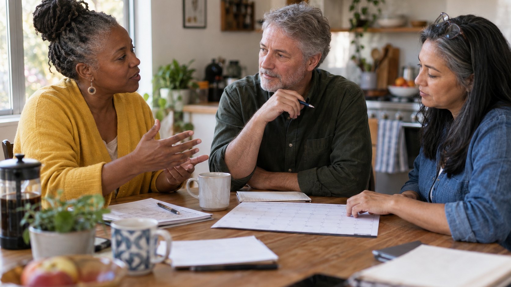 Three adults discuss a neighborhood project around a kitchen table.