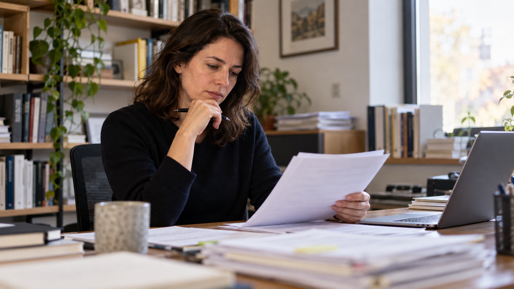 A researcher reviews anonymous paper forms at a desk in a quiet office.