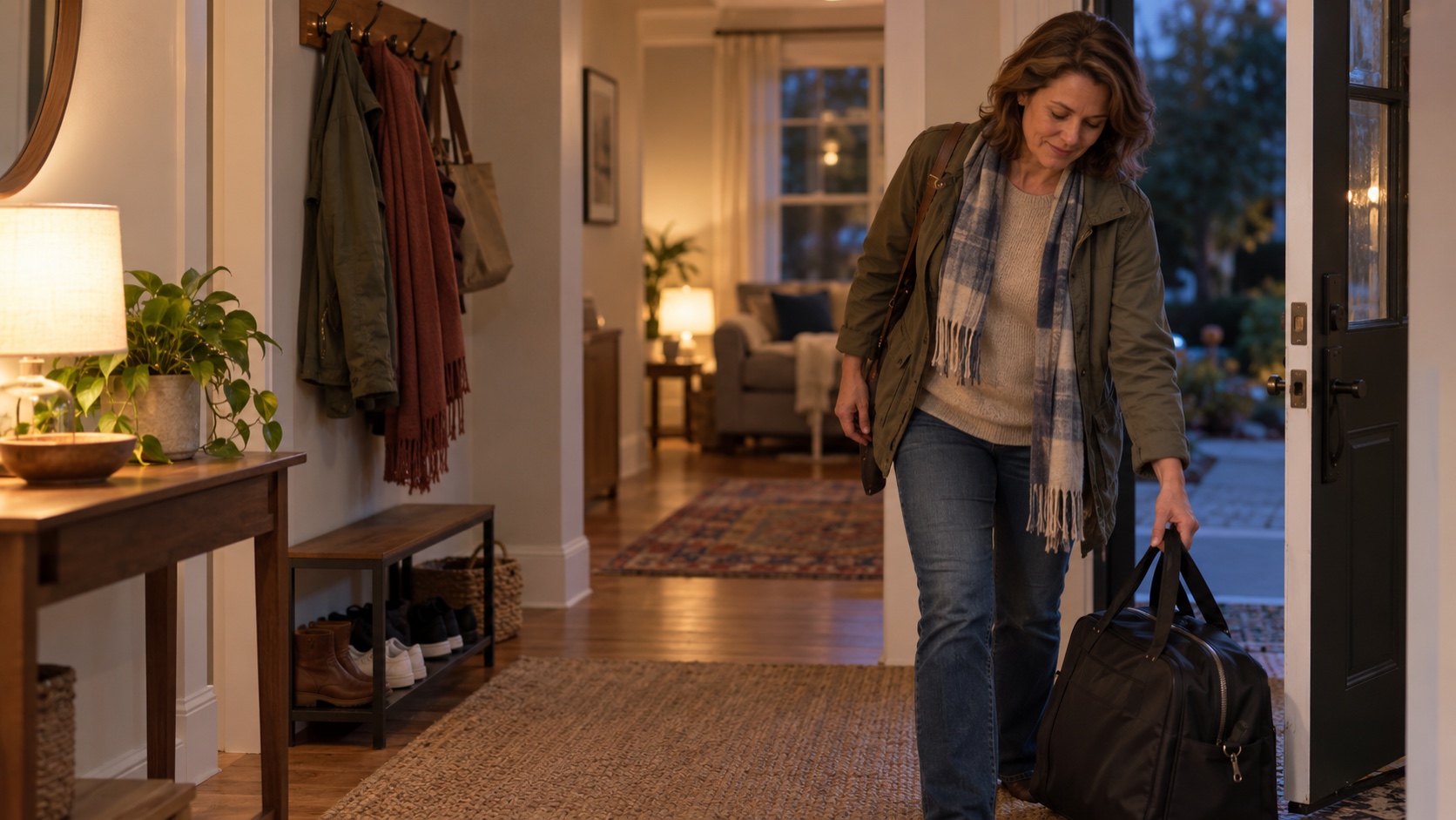A woman in midlife arrives home carrying an unbranded overnight bag.