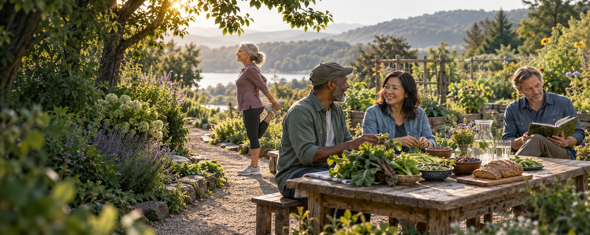 Conceptual editorial scene of adults stretching, talking, and sharing a plant-rich meal in a sunlit garden.